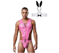 Sywiyi Tenue de cosplay Sissy Bunny pour homme - Body string avec accessoires - Lingerie ouverte - Sous-vêtements - Rose vif - Taille M