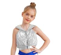 Sywiyi Top Court Danse pour Mädchen Brillant Gilet Danse Moderne Jazz Hip Hop avec Paillettes Scintillantes Veste Bateau avec Capuche Jersey Discothèque Fête Argent 5-6 Ans