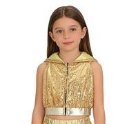 Sywiyi Top Court Danse pour Mädchen Brillant Gilet Danse Moderne Jazz Hip Hop avec Paillettes Scintillantes Veste Bateau avec Capuche Jersey Discothèque Fête Or 5-6 Ans