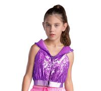 Sywiyi Top Court Danse pour Mädchen Brillant Gilet Danse Moderne Jazz Hip Hop avec Paillettes Scintillantes Veste Bateau avec Capuche Jersey Discothèque Fête Violet 9-10 Ans