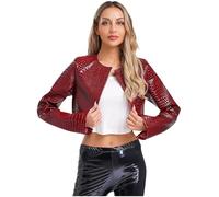 Sywiyi Veste en Peau De Serpent Femme Manche Longue Cardigan Bolero Haut De Cérémonie Casual Veste Courte De Motard Moto Biker Blouson Moto Clubwear Rouge M