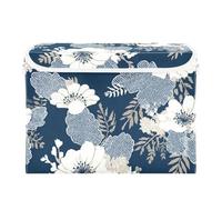 SyXIOP Boho Chic Web Leaves White Flowers Navy Bac de rangement pliable de 40 L avec couvercle et poignées Boîte de rangement robuste pour jouets de Noël pour placard et buanderie 42 x 32 x 30 cm