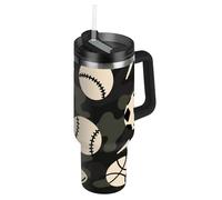 SyXIOP Bouteilles d'eau réutilisables sous vide avec paille anti-fuite, à rabat, motif balles de baseball de dessin animé, camouflage - Tasse isotherme décorative pour eau, thé glacé ou café