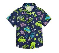 SyXIOP Chemise hawaïenne boutonnée à manches courtes avec inscription Happy Birthday Spaceship and Cars Bleu marine, Happy Birthday Vaisseau spatial et voitures Bleu marine, 9-10 ans