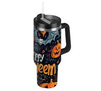 SyXIOP Evil Yellow Pumpkin on Halloween Bouteille d'eau réutilisable sous vide pour enfants avec couvercle anti-fuite et paille - Tasse à thé décorative avec couvercle pour la maison, le bureau ou la