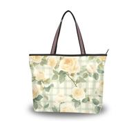 SyXIOP Green Spring Retro Plaids Yellow Flowers Silk Fabric Zipper Work Tote Bags Summer Chick Handbags for Women Crossbody for Everyday and Travel, Green Spring Retro Plaids Yellow Flowers, Medium