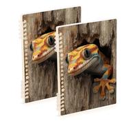 SyXIOP Lot de 2 cahiers à spirales à spirales 3D en forme de geckoes de format A5 avec fond en bois orange 21,1 x 14,5 cm - Grands carreaux à spirales - 60 feuilles pour voyage et écriture