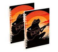 SyXIOP Lot de 2 cahiers à spirales larges lignés format A5 21,1 x 14,5 cm, couverture rigide, motif grenouille au coucher du soleil, guitare, 60 feuilles pour voyage et écriture