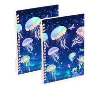 SyXIOP Lot de 2 cahiers d'école à spirales lignés de format A5 - 21,1 x 14,5 cm - Motif méduse bleue - Robuste - 60 feuilles pour les voyages et l'écriture