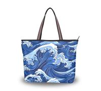 SyXIOP Sac fourre-tout à fermeture éclair en tissu de soie Ukiyo-e de style japonais Blue Wave Sac à main pratique pour femme pour le quotidien et les voyages, Ukiyo-e Blue Wave de style japonais
