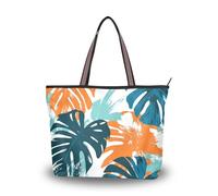 SyXIOP Sac fourre-tout d'été en soie avec fermeture éclair et feuilles de palmier vertes et oranges pour bal, fiançailles, cocktail, fête, mariage, Feuilles de palmier d'été vert orange, Large