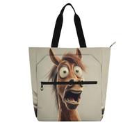 SyXIOP Sac fourre-tout réutilisable avec fermeture éclair pour enfants, étudiants, adultes, dessin animé drôle cheval marron peur minimaliste sac à livres réutilisable avec fermeture éclair pour
