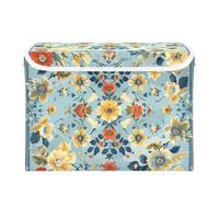 SyXIOP Trendy Elegant Flower Lake Blue Yellow Foldable Cube Storage Bin with handles Heavy Duty Organizer with Lid Christmas For Bedroom Closet, Living Room 42x32x30cm