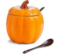 Syzplnwy Bol à soupe en céramique pour citrouille, 10,5 l x 11,5 H cm, mini boîte à poterie avec couvercle et cuillère, petit récipient en porcelaine pour dessert, sel, beurre, sauce, décoration