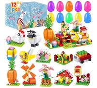 Syzplnwy Lot de 12 œufs de Pâques avec blocs de construction de ferme - 427 jouets de style Lego, paniers de Pâques, cadeaux de fête de chasse pour enfants, garçons et filles âgés de 3 à 12 ans