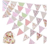 Syzplnwy Lot de 2 bannières réutilisables en tissu à motif floral vintage avec 42 fanions, 12 m, décoration de fête pour jardin, Pâques, thé de l'après-midi, extérieur, anniversaire + sac de rangement