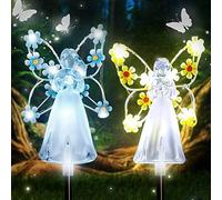 Syzplnwy Lot de 2 lampes solaires en forme d'ange sur piquet - LED étanches bleu jaune pour décoration de cimetière, cadeaux de condoléances, décoration de terrasse, cour