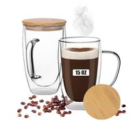 Syzplnwy Lot de 2 tasses à café en verre à double paroi avec couvercle en bambou, tasse à café isotherme pour latte, café, tasse à café en verre borosilicate pour cuisine, voyage (445 ml)