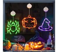Syzplnwy Lot de 3 lumières de fenêtre d'Halloween - Citrouille, araignée et chapeau de sorcière alimentées par piles avec ventouse, lumières d'intérieur pour décoration de fête à la maison