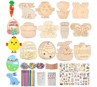SZ Lucky Sheeps Kit de Décoration de Pâques, 396 Pièces Ornements en Bois, avec Stylo Aquarelle, Cloches, Strass, Yeux, Corde, Autocollants (Couleur D)