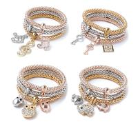 SZ06 Lot de 12 bracelets multicouches doré/argenté/or rose avec chaîne de maïs en cristal papillon cœur cercle médaillon arbre de vie charmant bracelet extensible pour femme, CM, Cristal, Pas de gemme