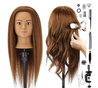 SZCY LLC Mannequin Head with 100% Human Hair, 18" Real Hair Cosmetology Mannequin Head Hair Styling Hairdressing Practice Training Doll Heads with Clamp Holder