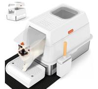 SZEE Bac à litière XL en acier inoxydable, design de sortie par le haut, antiadhésif, sans odeur, nettoyage facile, charbon actif, design demi-fermé, pied de lit, tapis de piégeage et pelle inclus