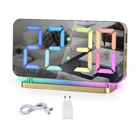 SZELAM Réveil Numérique,Réveil RVB pour Table de Chevet,Horloge Miroir LED 7,4" avec Port de Chargement USB,Veilleuse RVB 10 Modes,Affichage LED 11 Couleurs, Gradation Automatique,5 Niveaux de Volume