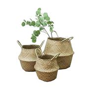 Szetosy Lot de 3 paniers de rangement pliables en jonc de mer avec poignées 20 x 17 cm / 22,5 x 24 cm / 24,5 x 28 cm