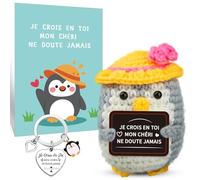 Szhhrxi Tricot Jouet Pingouin, Pocket Hug Pingouin avec Porte Clé Personnalisé et Carte Positive, Motivantes Tricotée Pingouin, Cadeau Homme Femme Original, Drôle Cadeaux pour Enfant Couple Collègue