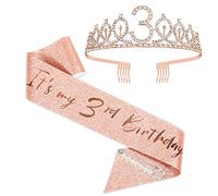 SZHUIHER 3ème Anniversaire Ceinture et diadème pour Filles, Couronne de Ceinture d'anniversaire en Or Rose 3 et Fabuleux Ceinture et diadème, 3ème Cadeaux d'anniversaire pour Joyeux 3e Anniversaire