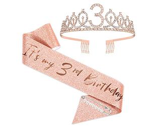 SZHUIHER 3ème Anniversaire Ceinture et diadème pour Filles, Couronne de Ceinture d'anniversaire en Or Rose 3 et Fabuleux Ceinture et diadème, 3ème Cadeaux d'anniversaire pour Joyeux 3e Anniversaire