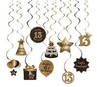 SZHUIHER Joyeux 13e Anniversaire Suspendu décorations de Plafond de tourbillons, 13 tourbillons Suspendus en Aluminium pour 13 Ans Noir et Or décorations de fête d'anniversaire Fournitures