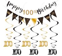 Szhuiher Kit de décoration pour 100e anniversaire - Bannière « Happy 100th Birthday » - Banderole de fanions tourbillons - Bannière triangulaire pour décoration de fête d'anniversaire - Noir et doré