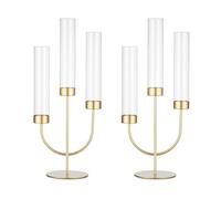 Sziqiqi Candelabre Or Centre de Table pour Mariage: Porte-Bougies 3 Bras avec Cylindres pour Bougies Fines - Ensemble de 2 Candélabres Métalliques pour Décoration de Table de Noël Fiançailles Repas