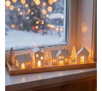 Sziqiqi Décor de Table de Noël: 4 Maisonnettes Porte-Bougies en Métal avec 4 Bougies LED - Set Scène Hivernale avec Plateau en Bois 4 Maisons 3 Arbres 2 Rennes pour Décoration de Fête et Cadeau