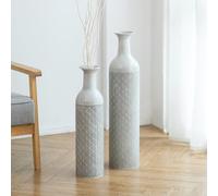 Sziqiqi Grand Vase à Poser au Sol - Set de 2 Vases Décoratifs Vintage Gris Métal 55/70cm Haut pour Pampas Artificielle, Fleur Géante - Surdimensionné pour Salon, Chambre