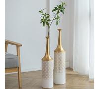 Sziqiqi Grands Vases de Sol Blanc: 66/60cm Métal Grand Vase a Poser au Sol Or Set de 2 pour Pampa - Vintage Doré Haut Vase de Sol Decoratif pour Buffet Cheminée Entrée Décoration de Porte Intérieur