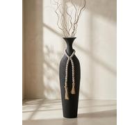 Sziqiqi Métal Grand Vase a Poser au Sol: Noir Vase de Sol Rustique | Avec Perles Boho, Épais, 60cm, pour Pampas, Salon, Angle, Cheminée, Campagnard, Intérieur