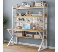 SZITW Bureau d'ordinateur avec Compartiments de Rangement et Panneau perforé, Bureau en Bois Massif, Grande Table d'étude, Bureau Moderne à Domicile (47" l x 69" H x 23,6" P, Marron et Blanc)