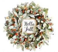 SZLIFE Couronne Artificielle Décorative Eucalyptus 45 cm, Couronne Murale pour Entrée, Décoration Automne Intérieur Extérieur, Vert clair avec baies, mini-ci