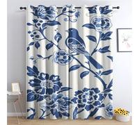 SZLYZM Rideaux Occultant Chinoiserie, Rideau Isolant Thermique pour Salon Chambre, Rideaux Motif Oiseaux Fleurs Bleu, Lot de 2 Rideaux Opaque à Oeillets 140x220cm LxH