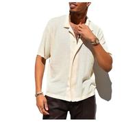 SZRXKJ Chemise en maille boutonnée à manches courtes pour homme, design perforé, respirant, blanc crème, beige, 3XL