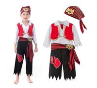 SZRXKJ Costume, 4 pièces, pour enfant garçon - Gilet pantalon, ceinture et foulard - Motif tête de mort - Costume de pirate - Rouge - 2-3 ans