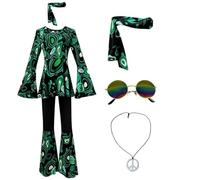 SZRXKJ Robe de danse pour femme avec pantalon évasé - Motif psychédélique - Multicolore - Costume disco rétro des années 70 (vert foncé 1, S)