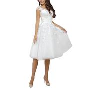 SZSFNMMY Robe de mariée courte en tulle pour mariée avec appliques en dentelle sans manches longueur genou robe de mariée pour femmes, Ivoire 1, 44