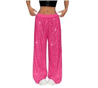 szvbofueck Palazzo Pantalon à paillettes pour femme - Taille élastique - Pantalon palazzo - Jambes larges - Couleur unie - Pantalon scintillant tendance - Pantalon léger pour les fêtes, rose, XXL