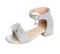 szvbofueck Sandales d'été scintillantes pour fille - Tendance - Avec nœud mignon - Chaussures de princesse avec sangle de cheville réglable - Sandales à bout ouvert - Sandales à talon bloc