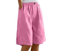szvbofueck Short d'été en lin pour femme - Bermuda - Longueur genou - Grandes tailles - Short d'été léger - Couleur unie - Short de sport - Short de sport aéré - Short de loisirs avec poches, Rose
