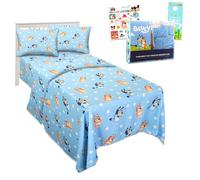 t avec draps de lit bleu avec feuille plate et taie d'oreiller pour lit jumeau plus autocollants plus | Bluey Sheets Twin pour les filles garons